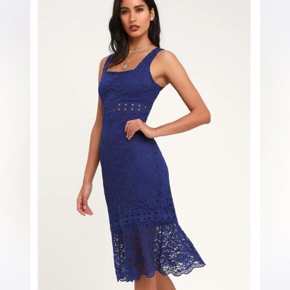 Lulus Vibrant Life Cobalt Blue Lace Trumpet Hem Square Neck Midi Dress XS - Picture 1 of 7